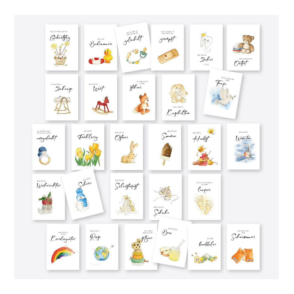 Übersicht der Meilensteinkarten mit handgemalten Aquarellmotiven zu besonderen Momenten im ersten Babyjahr – von Geburt, Jahreszeiten und Feiertagen bis zu ersten Erlebnissen wie Baden, Zahnen oder Laufen, als digitale Datei zum Ausdrucken.