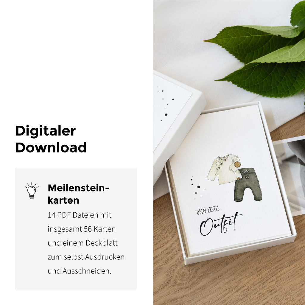 Geöffnete Box mit Meilensteinkarten zur Schwangerschaft, auf der Karte ist ein Aquarell-Outfit zu sehen – digitales PDF-Set mit 56 Karten zum Ausdrucken, ideales Geschenk für werdende Mamas.