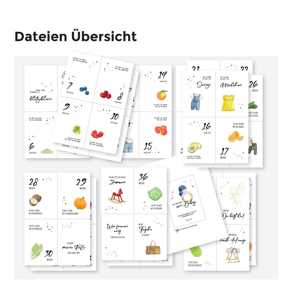 Übersicht aller Schwangerschafts-Meilensteinkarten mit verschiedenen Obst- und Gemüseillustrationen als Aquarell – digitaler Download als PDF-Datei zum Ausdrucken.