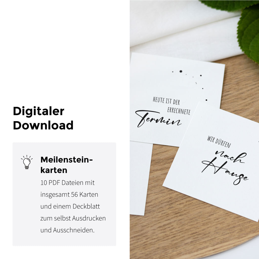 Zwei Meilensteinkarten mit den Schriftzügen „Heute ist der errechnete Termin“ und „Wir dürfen nach Hause“ – digitales Set im reduzierten Schwarz-Weiß-Design als PDF zum Ausdrucken.
