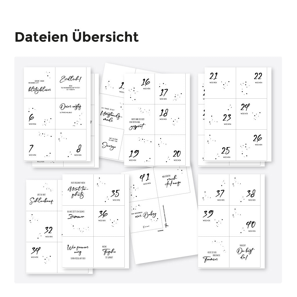 Übersicht aller Meilensteinkarten im schlichten Schwarz-Weiß-Stil mit Wochenzahlen und Schwangerschaftsmomenten – digitales PDF zum Ausdrucken und Ausschneiden.