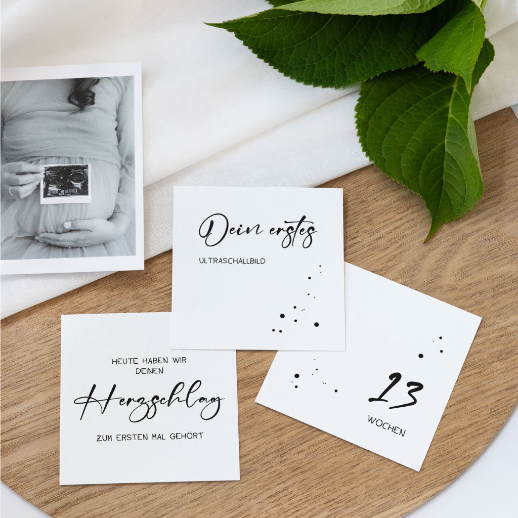 Meilensteinkarten-Set mit Karten für Ultraschallbild, Herzschlag und Schwangerschaftswoche 13 – PDF zum Ausdrucken mit klarer Schwarz-Weiß-Gestaltung.