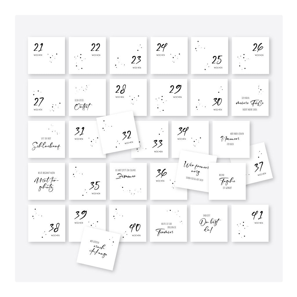 Alle Karten des minimalistischen Schwangerschaftssets im Überblick, sortiert nach Wochen und besonderen Ereignissen – digitaler Download als PDF zum Ausdrucken.