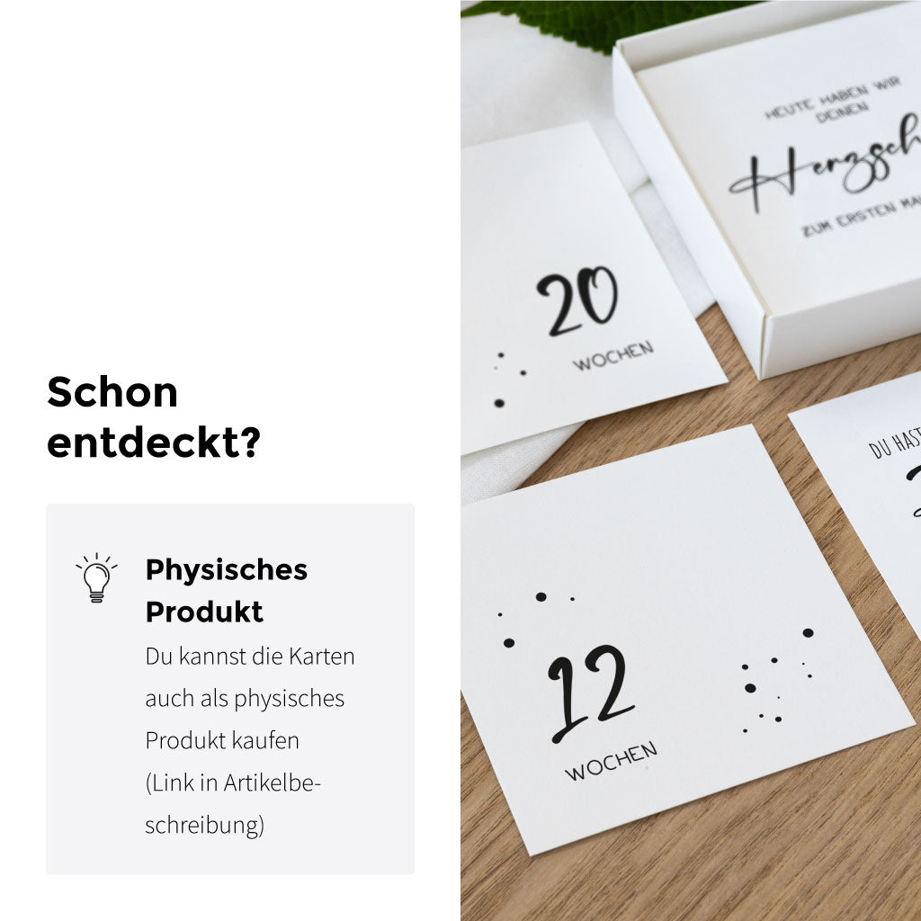 Detailaufnahme mehrerer Meilensteinkarten mit Wochenangaben und Herzschlag-Motiv – schlichte und moderne Gestaltung als Geschenkidee für werdende Mamas, digitaler Download.