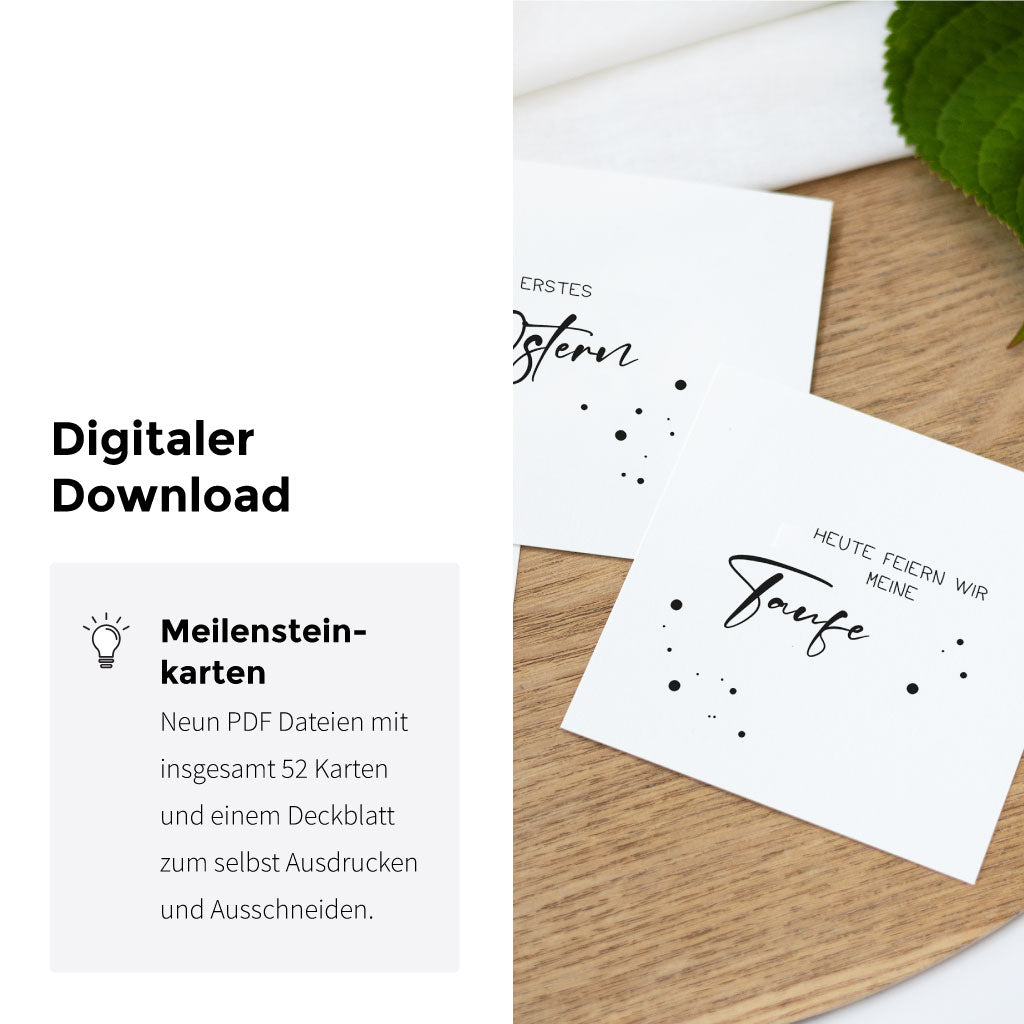 Digitale Datei Download Meilensteinkarten: Infokarte „Neun PDF Dateien mit insgesamt 52 Karten“ neben Beispielkarten „Mein erstes Ostern“ und „Taufe“, minimalistisch schwarz weiß für Wochenkarten im Baby erstes Jahr.