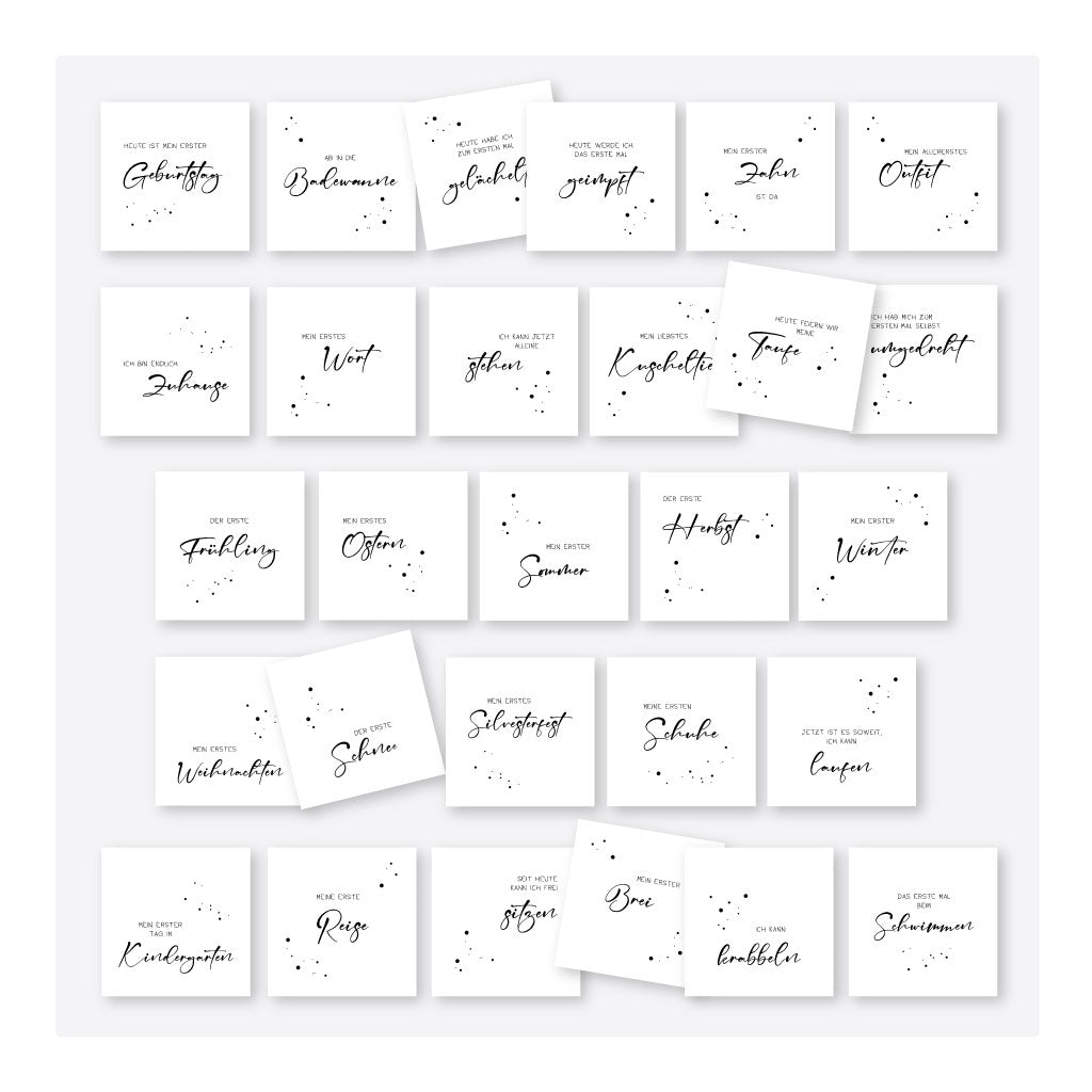 Übersicht weiterer Meilensteinkarten: Ereignisse wie Baden, gelächelt, Zahn, Outfit, Jahreszeiten, Schuhe, laufen und krabbeln – Download Meilensteinkarten digitale Datei fürs erste Jahr.