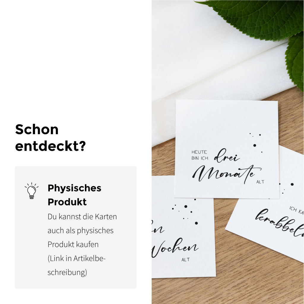 Hinweisgrafik „Schon entdeckt? Physisches Produkt“ mit Beispielkarten „drei Monate“, „zehn Wochen“ und „krabbeln“ – Download Meilensteinkarten digitale Datei minimalistisch schwarz weiß fürs Baby erstes Jahr.