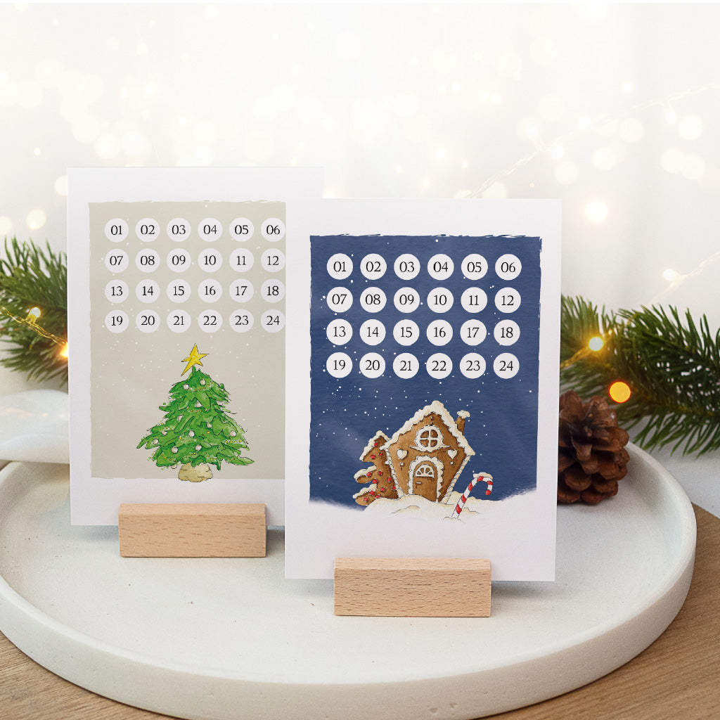 Adventskalender Karten von Funkenbunt mit Tannenbaum und Lebkuchenhaus Aquarell Motiv als digitaler Download PDF.