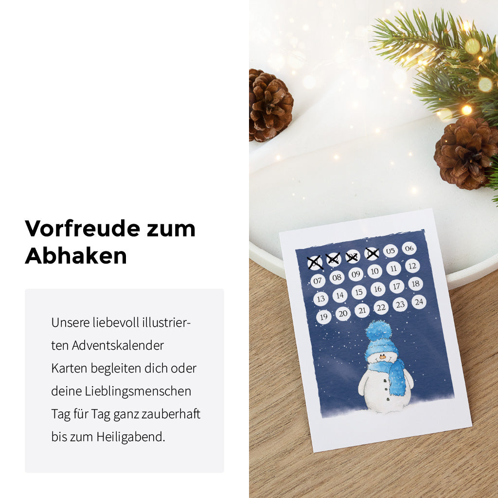Weihnachtskalender Karte mit Schneemann Aquarell Motiv zum Abhaken neben Tannenzapfen im Funkenbunt Online Shop.