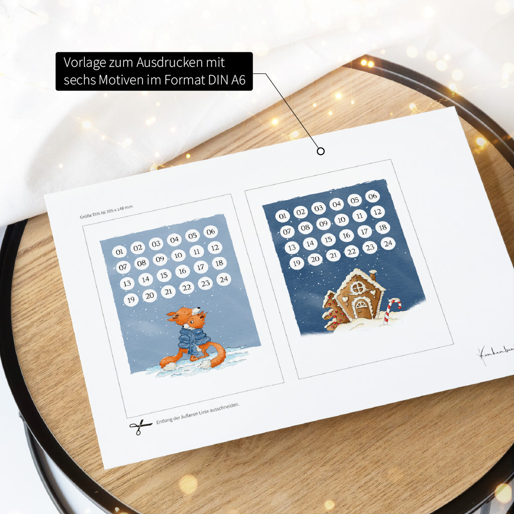 Druckvorlage für den Adventskalender im DIN A6 Format mit Füchse und Lebkuchenhaus Aquarell Motiv zum Ausschneiden.