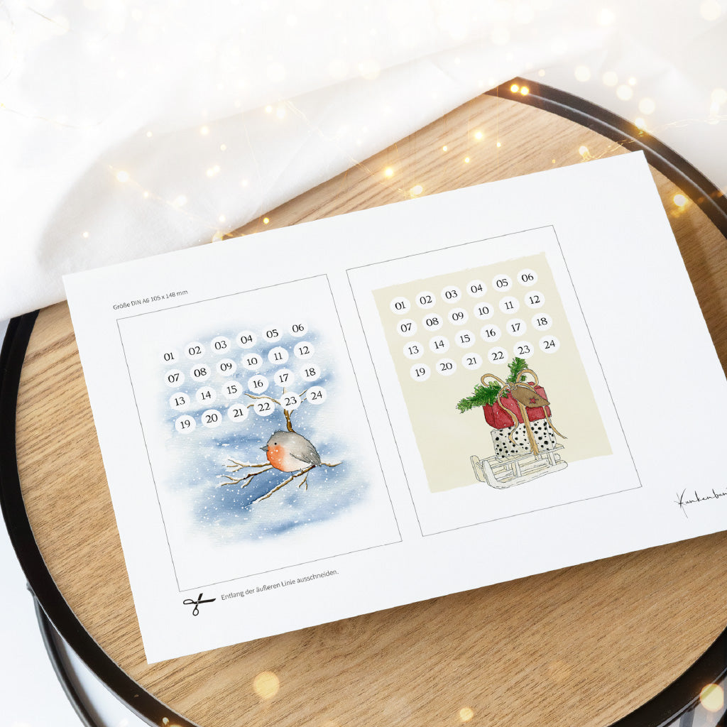 Digitale Datei zum Ausdrucken für Weihnachtskalender Karten mit Rotkehlchen und Schlitten Aquarell Motiv.