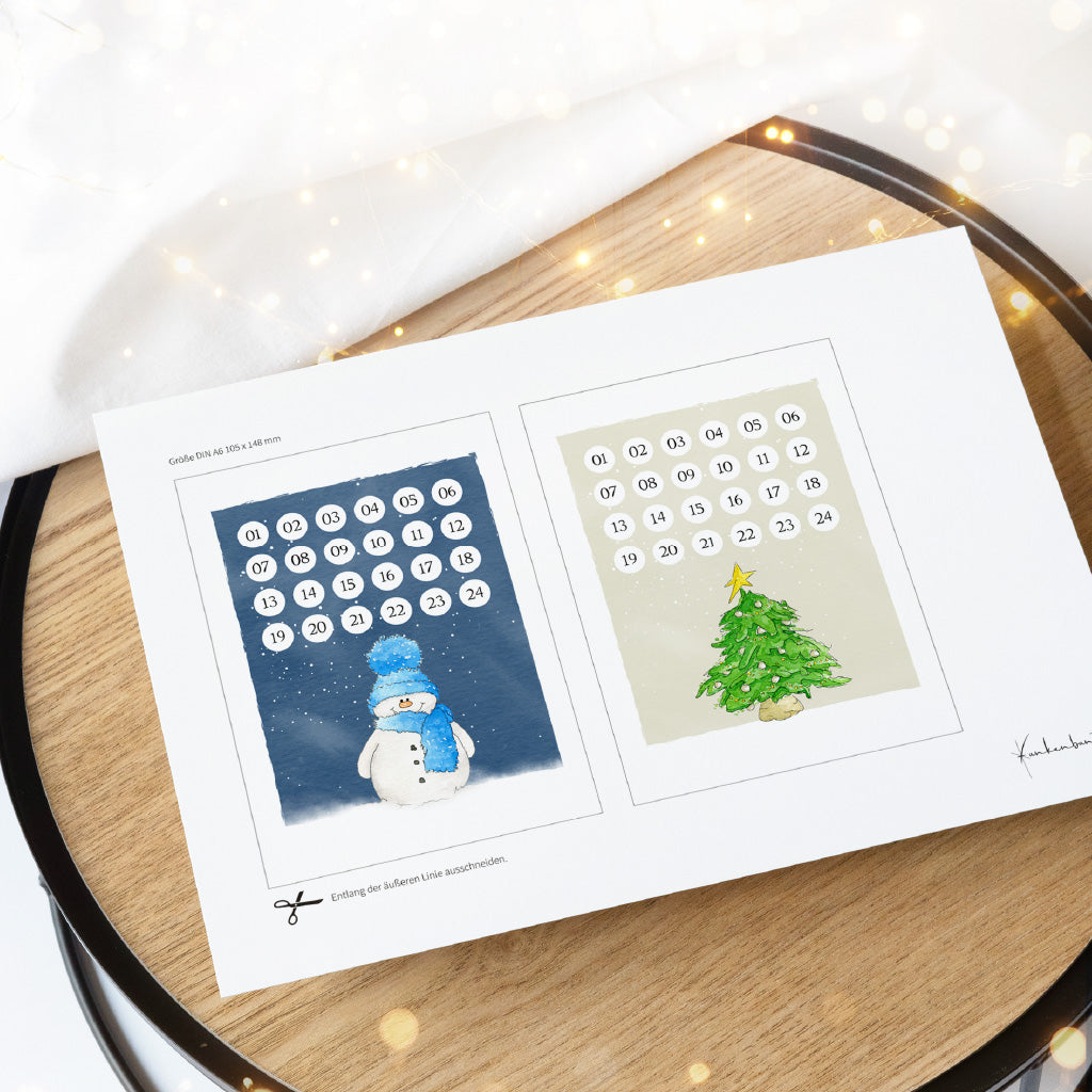 Vorlage für den DIY Countdown bis Weihnachten mit Schneemann und Weihnachtsbaum Aquarell Motiv zum Download.