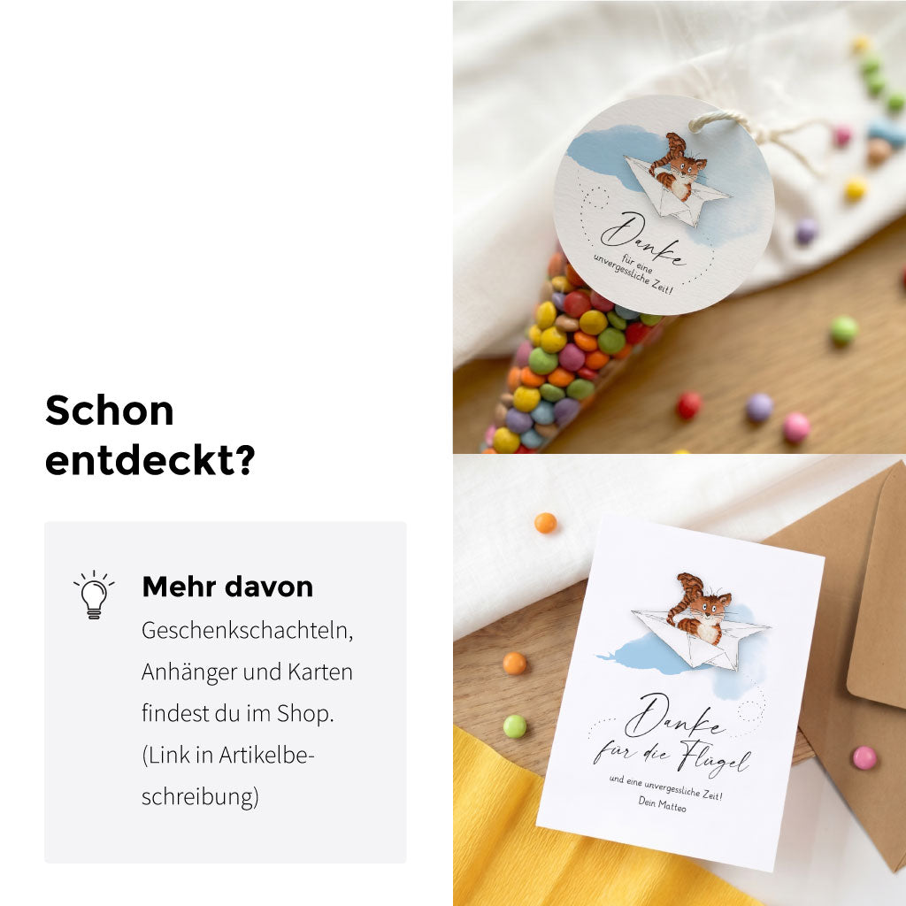 Umschlag Karte und gebastelte Mini Schultüte mit Katze Aquarell Motiv als wunderbares Abschiedsgeschenk Kindergarten.