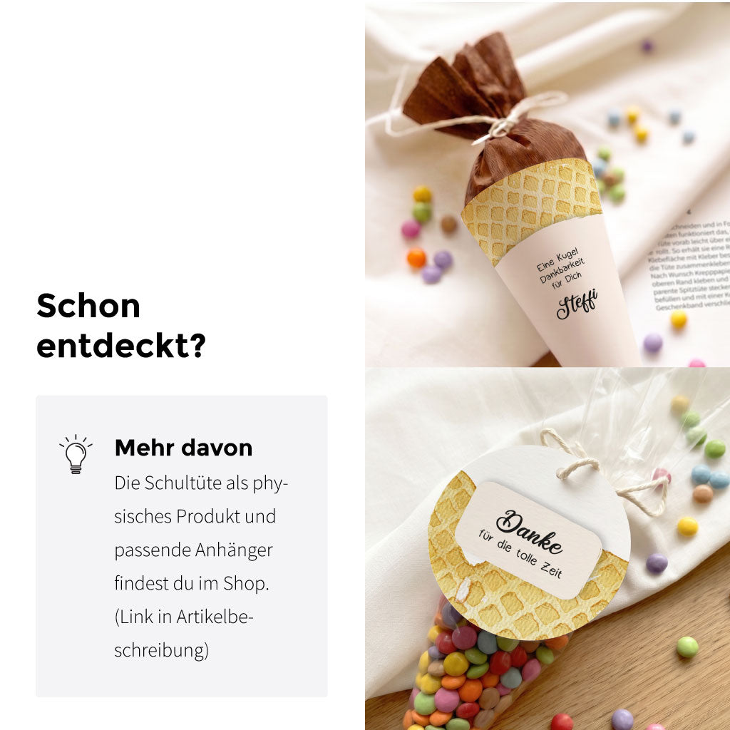 Cross-Selling-Grafik mit Text 'Schon entdeckt? Mehr davon' und Link-Info, zeigt Beispiele der personalisierten Schultüte und des passenden runden 'Danke' Anhängers.