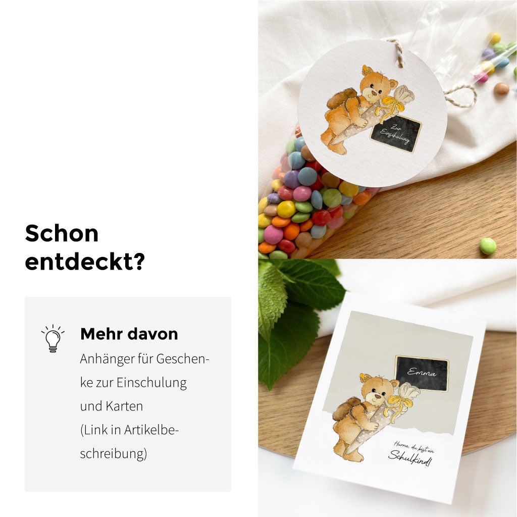 Teddy Produkte zur Einschulung: Karte, Geschenkbox, Anhänger, DIY Schultüte und Download Bastelvorlage