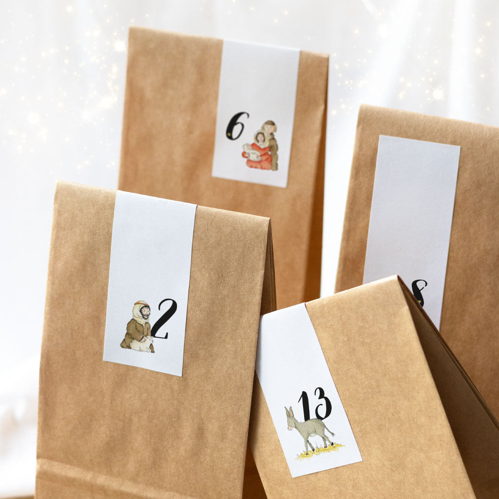 Download Adventskalender Aufkleber Zahlen mit Aquarell Bildern aus der Weihnachtsgeschichte
