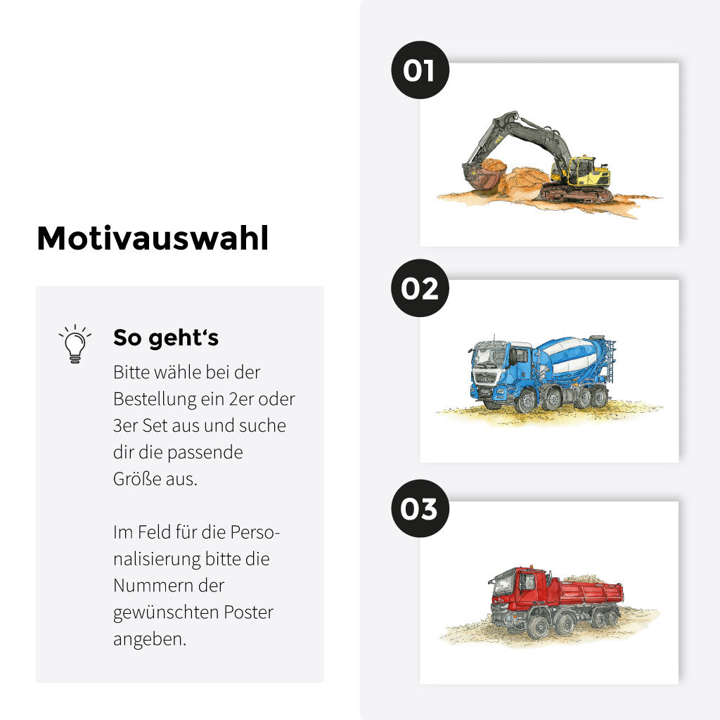 Beispielhafte Motivauswahl aus dem konfigurierbaren Poster Bundle mit liebevoll gemalten Baustellenfahrzeugen im Aquarellstil.