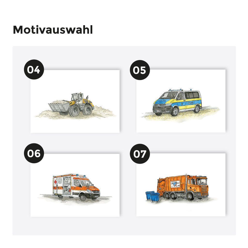 Übersicht weiterer Poster-Motive aus den Kategorien Bauernhof, Baustelle und Einsatzfahrzeuge – frei kombinierbar im 2er oder 3er Set.