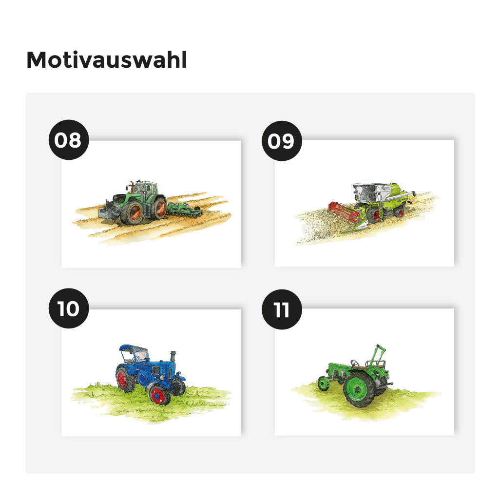 Auswahl an Bauernhof-Fahrzeugen als Aquarellposter, darunter moderne und nostalgische Traktoren sowie ein Mähdrescher – ideal im Bundle.