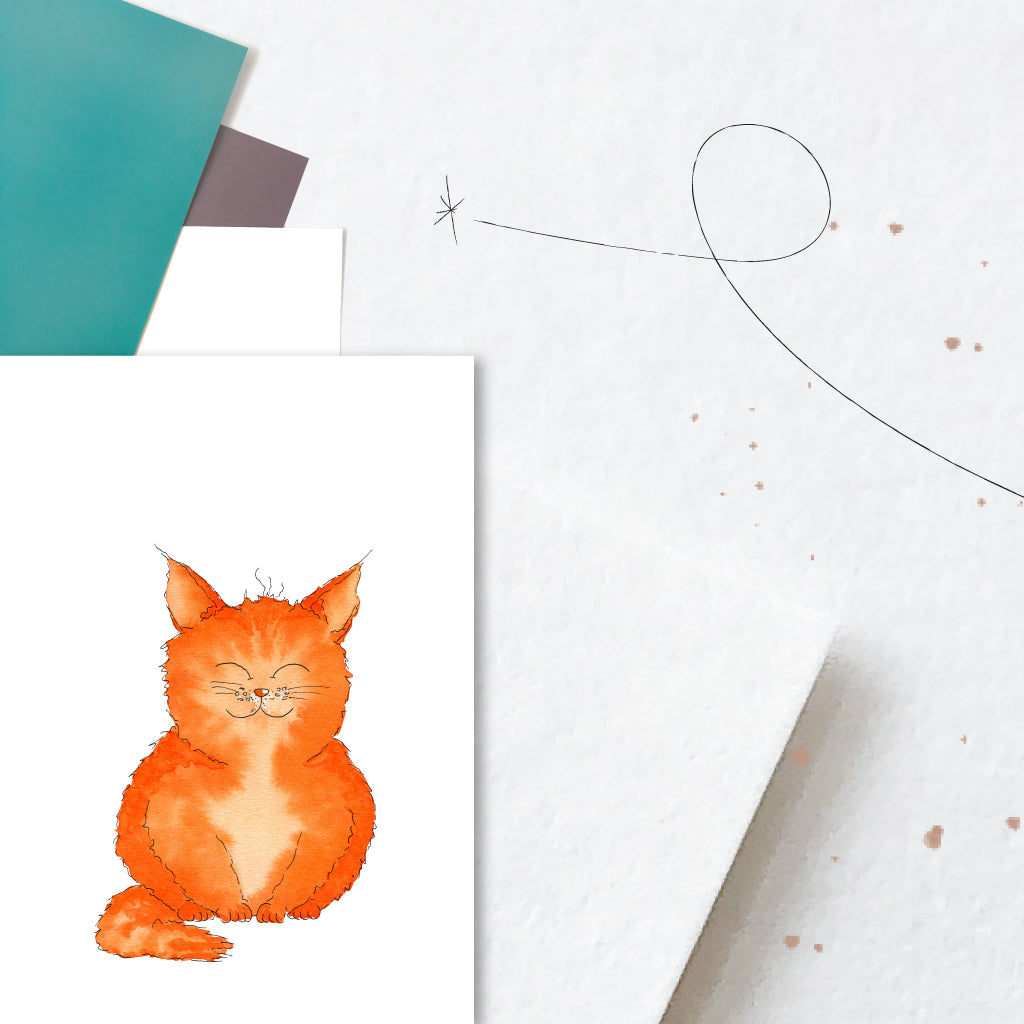 Karte mit lächelnder oranger Katze auf Hintergrund aus weißem Struktur Karton
