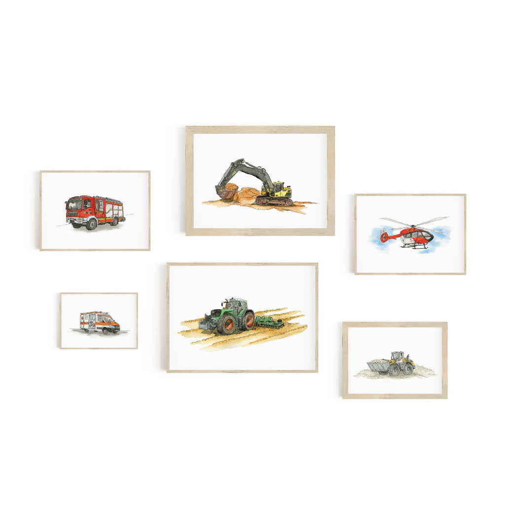 Fahrzeug Poster in Holzbilderrahmen: Traktor, Bagger, Radlader, Feuerwehr, Hubschrauber und Krankenwagen
