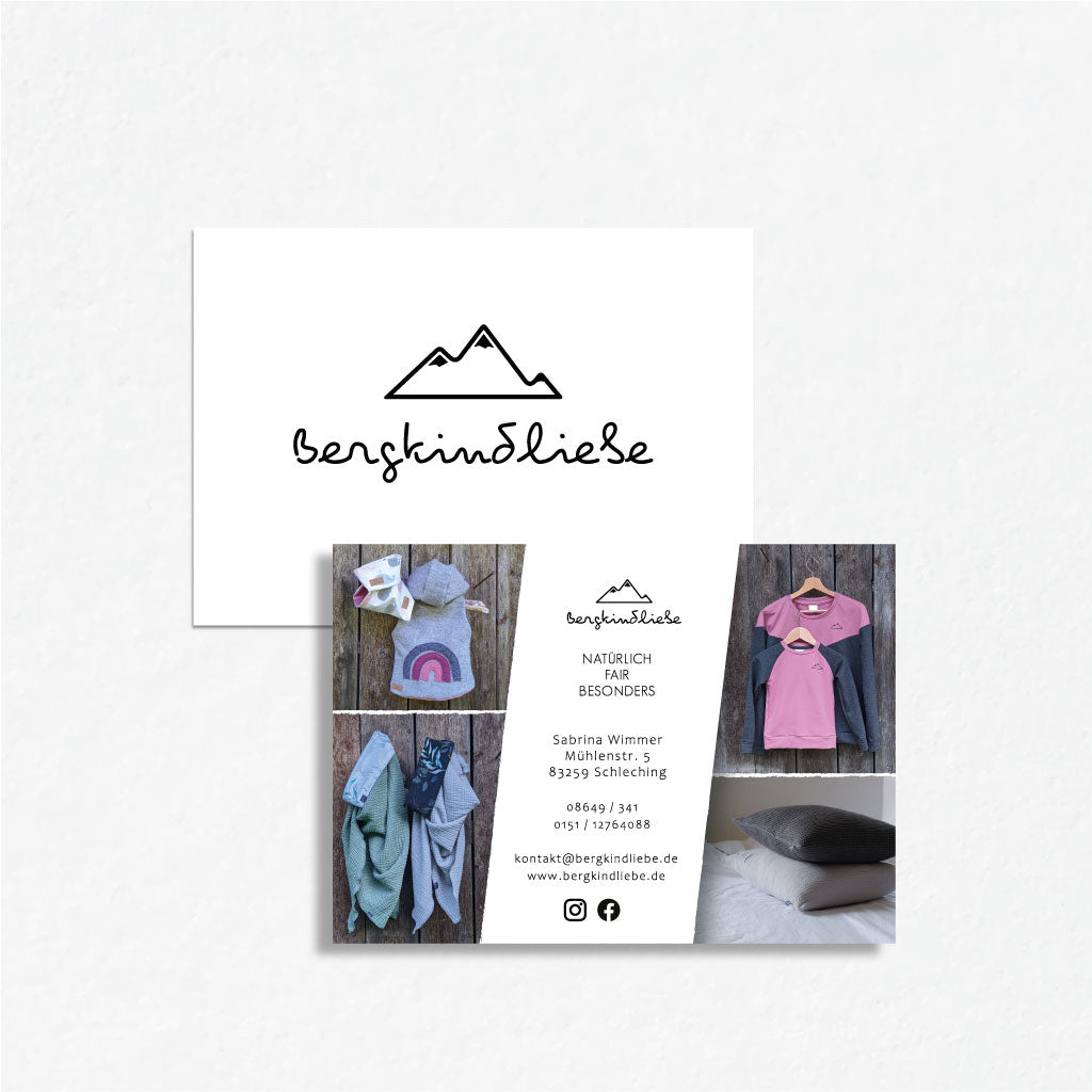 Funkenbunt Grafikdesign für den Flyer von Bergkindliebe, doppelseitiger Druck auf DIN A6