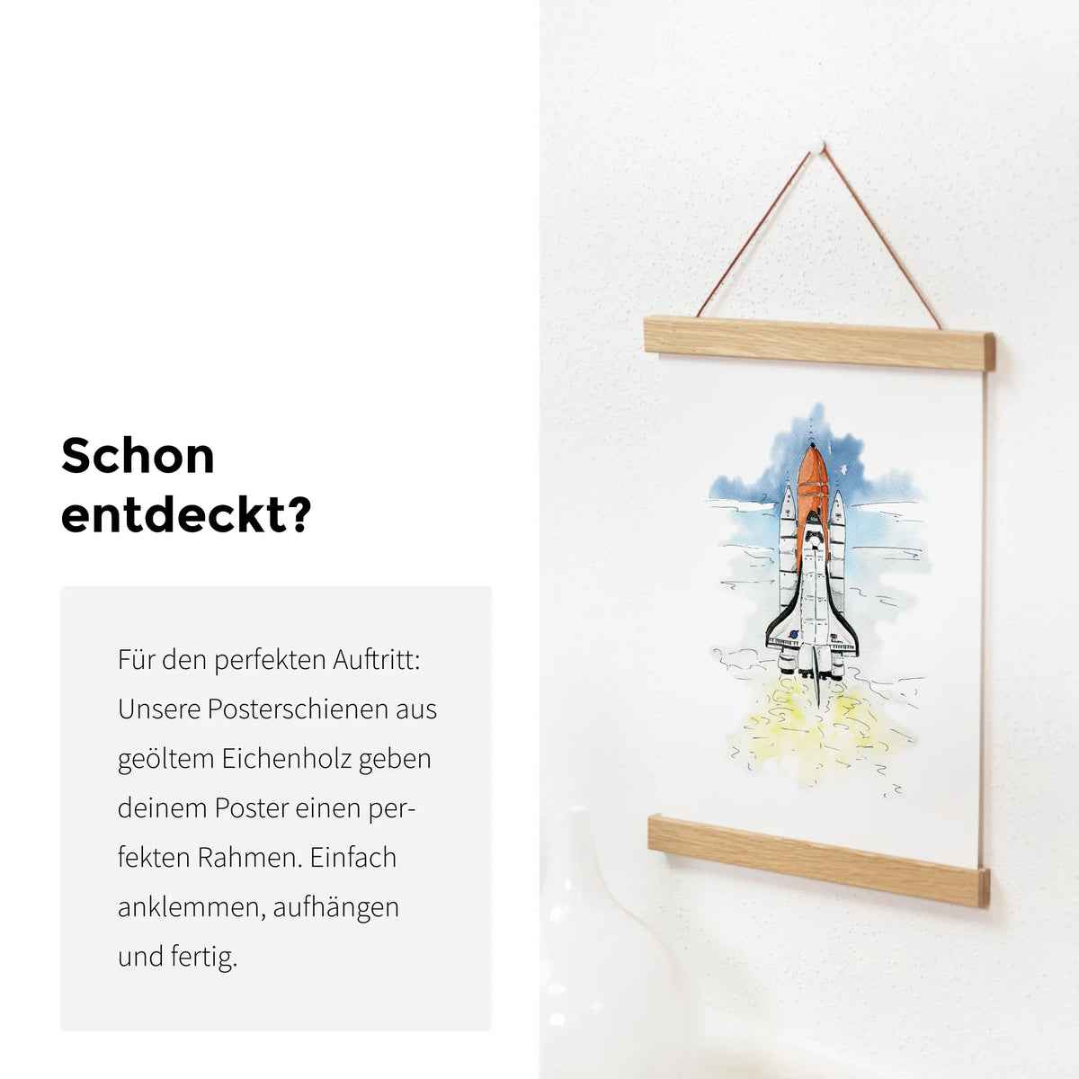 Infografik: Passende Posterschienen aus geölter Eiche im Shop.