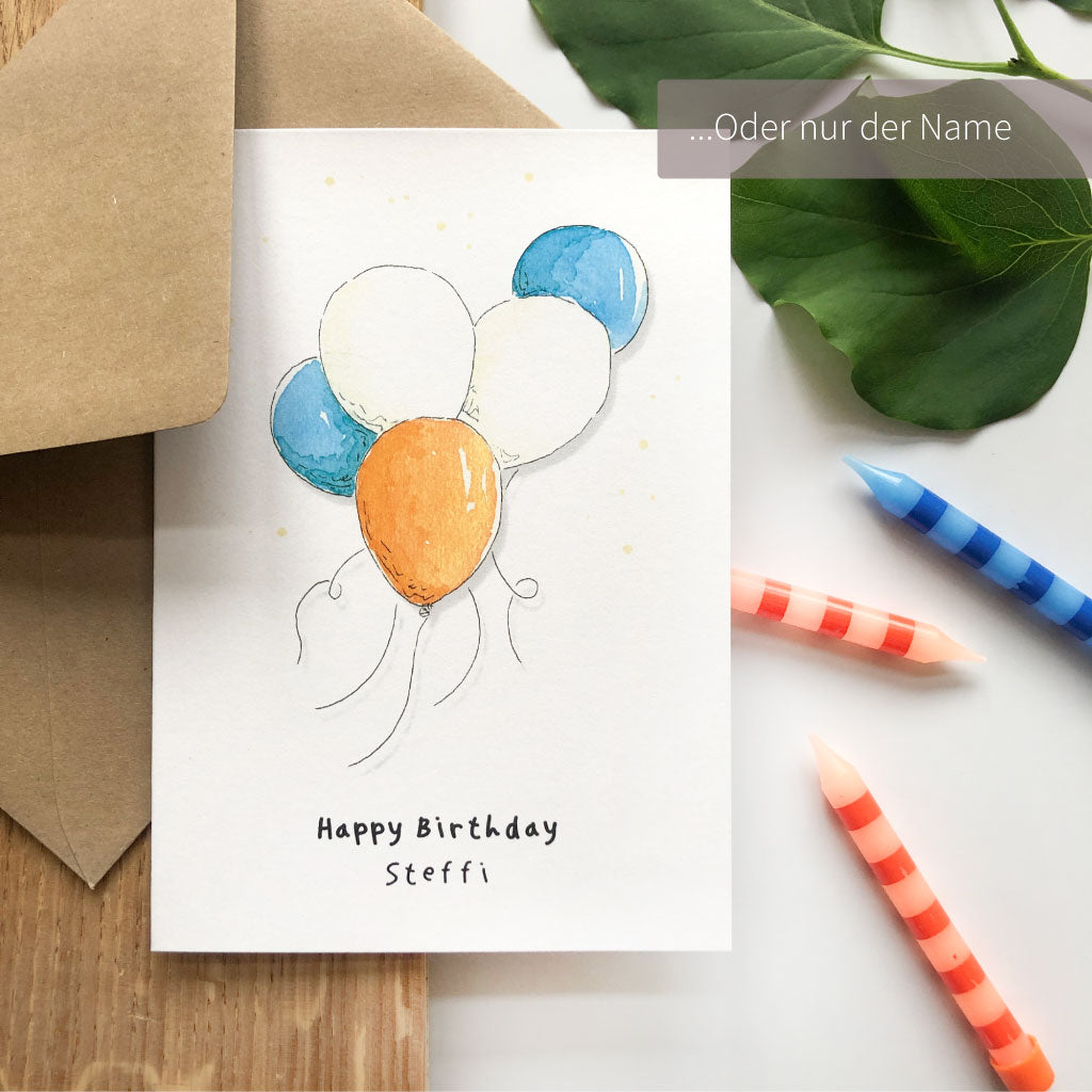 Glückwunschkarte zum Geburtstag mit Text "Happy Birthday" und Name