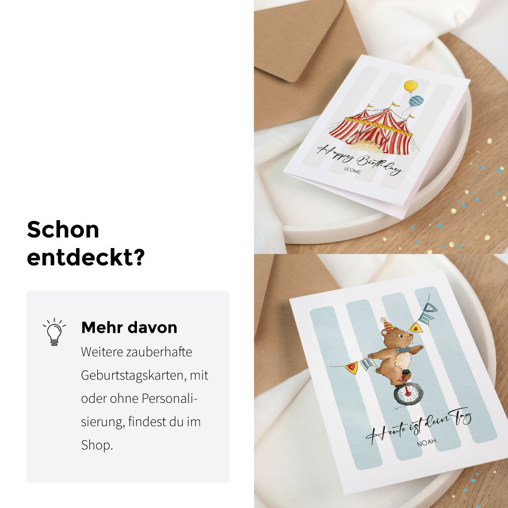 Zwei weitere personalisierbare Aquarell-Geburtstagskarten im Zirkusdesign: ein Bär auf Einrad und ein Zirkuszelt, ideal für Kindergeburtstage.