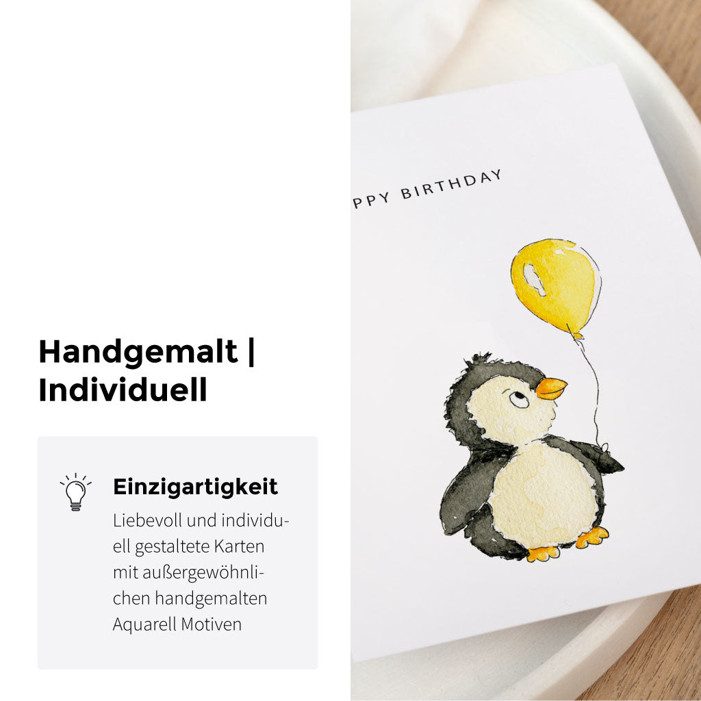 Handgemaltes Aquarell Motiv mit Pinguin und gelbem Luftballon