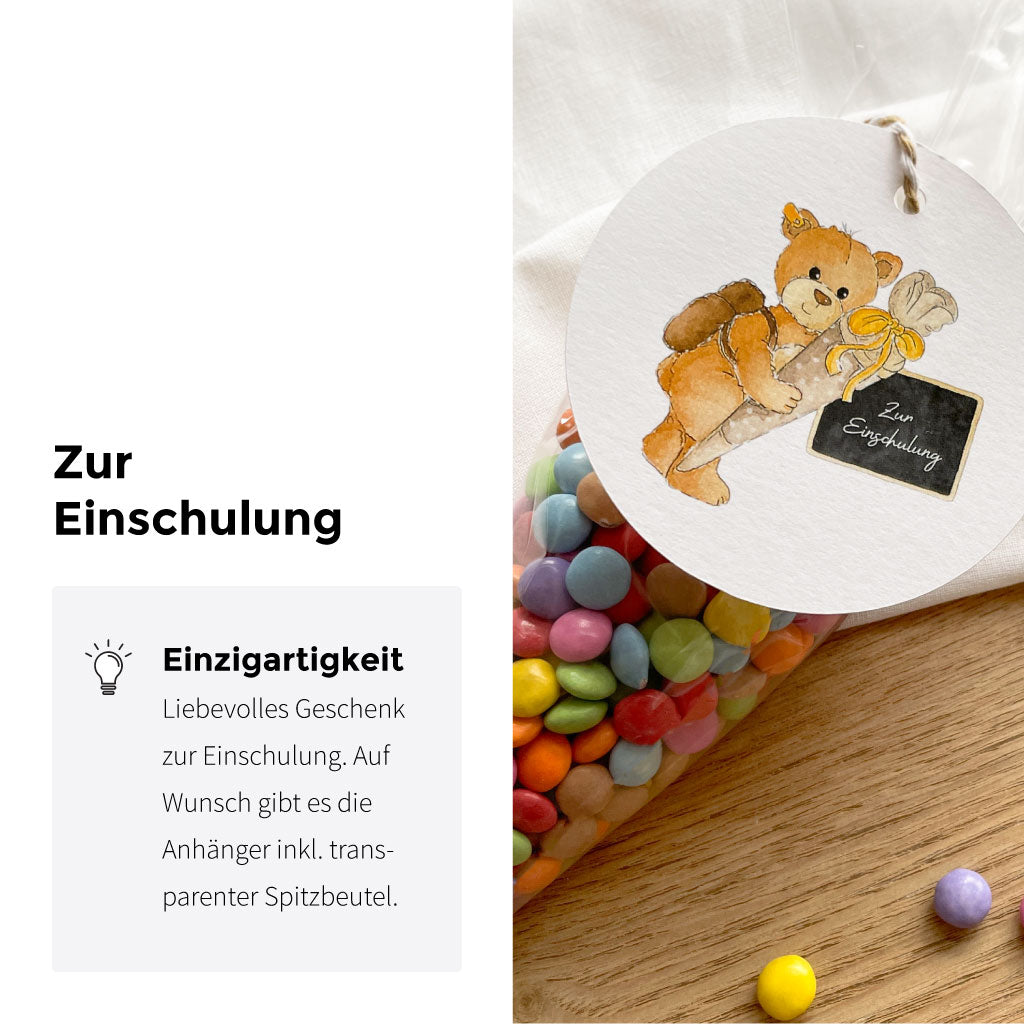 Handgemaltes Aquarell Bild mit Teddybär, Schulranzen und Schultüte