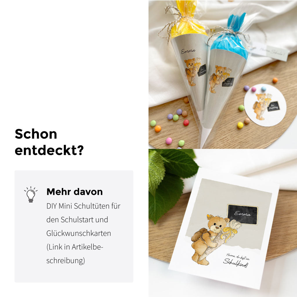 Teddy Produkte zur Einschulung: Karte, Geschenkbox, Anhänger, DIY Schultüte und Download Bastelvorlage