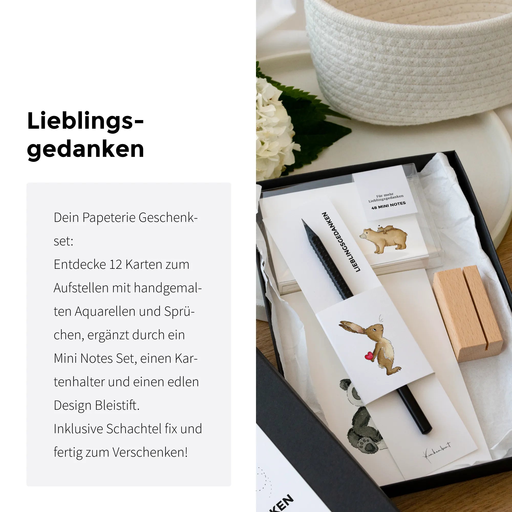 Papeterie Geschenkset Lieblingsgedanken mit 12 Karten, Aquarell Motiven, Mini Notes, Kartenhalter und Bleistift, fertig zum Verschenken