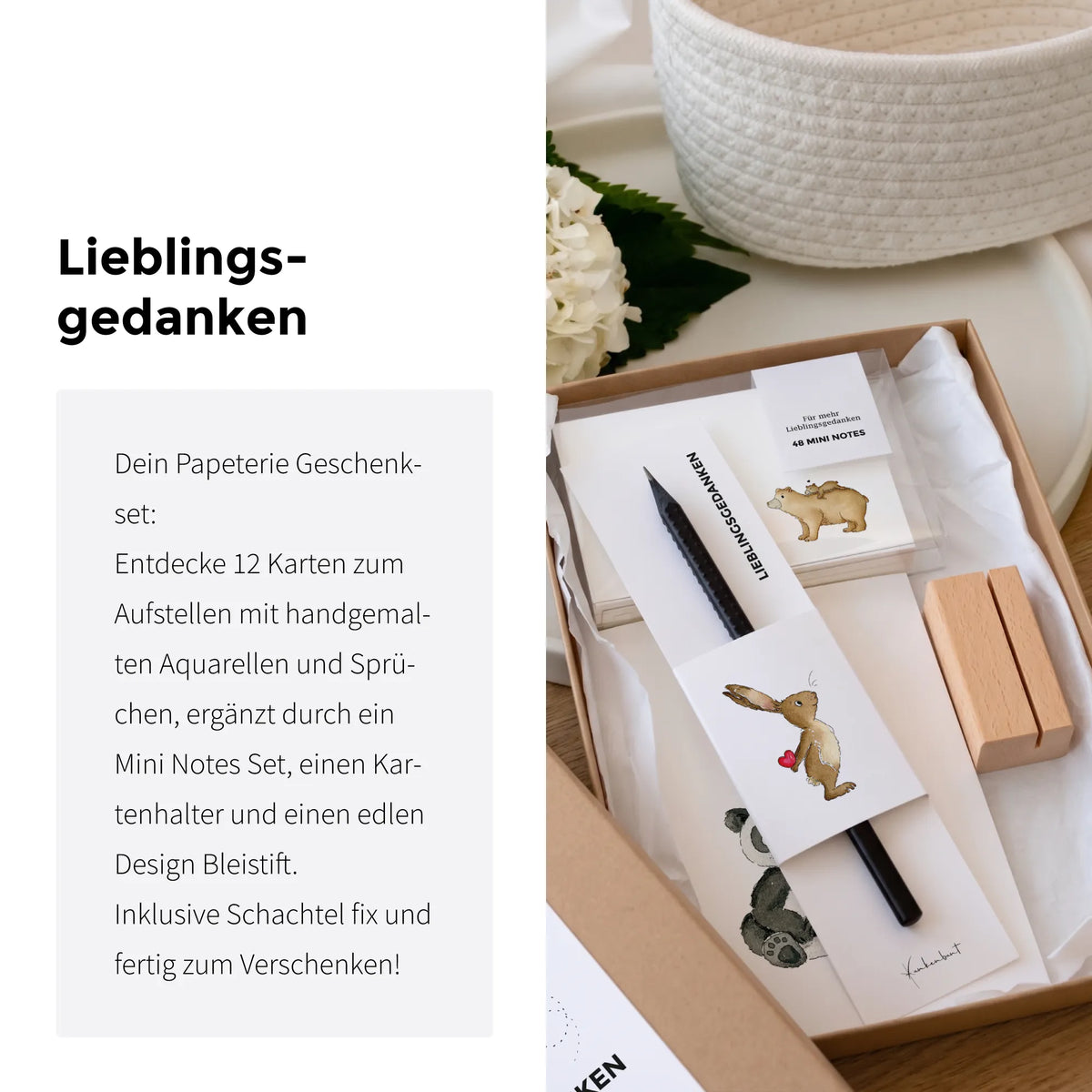 Papeterie Geschenkset Lieblingsgedanken mit 12 Karten, Aquarell Motiven, Mini Notes, Kartenhalter und Bleistift, fertig zum Verschenken