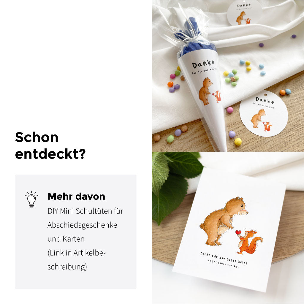 Mit dem selben Motiv sind auch Abschiedskarten und DIY Mini Schultüten erhältlich