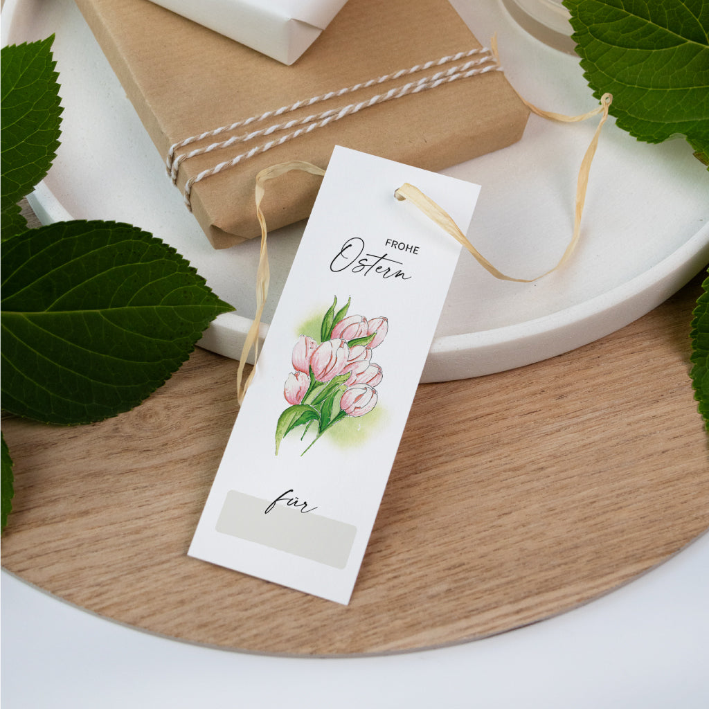 Geschenkanhänger „Frohe Ostern“ mit rosa Tulpen im Aquarellstil – große Anhänger als Dekoration oder zum Verpacken von Ostergeschenken.