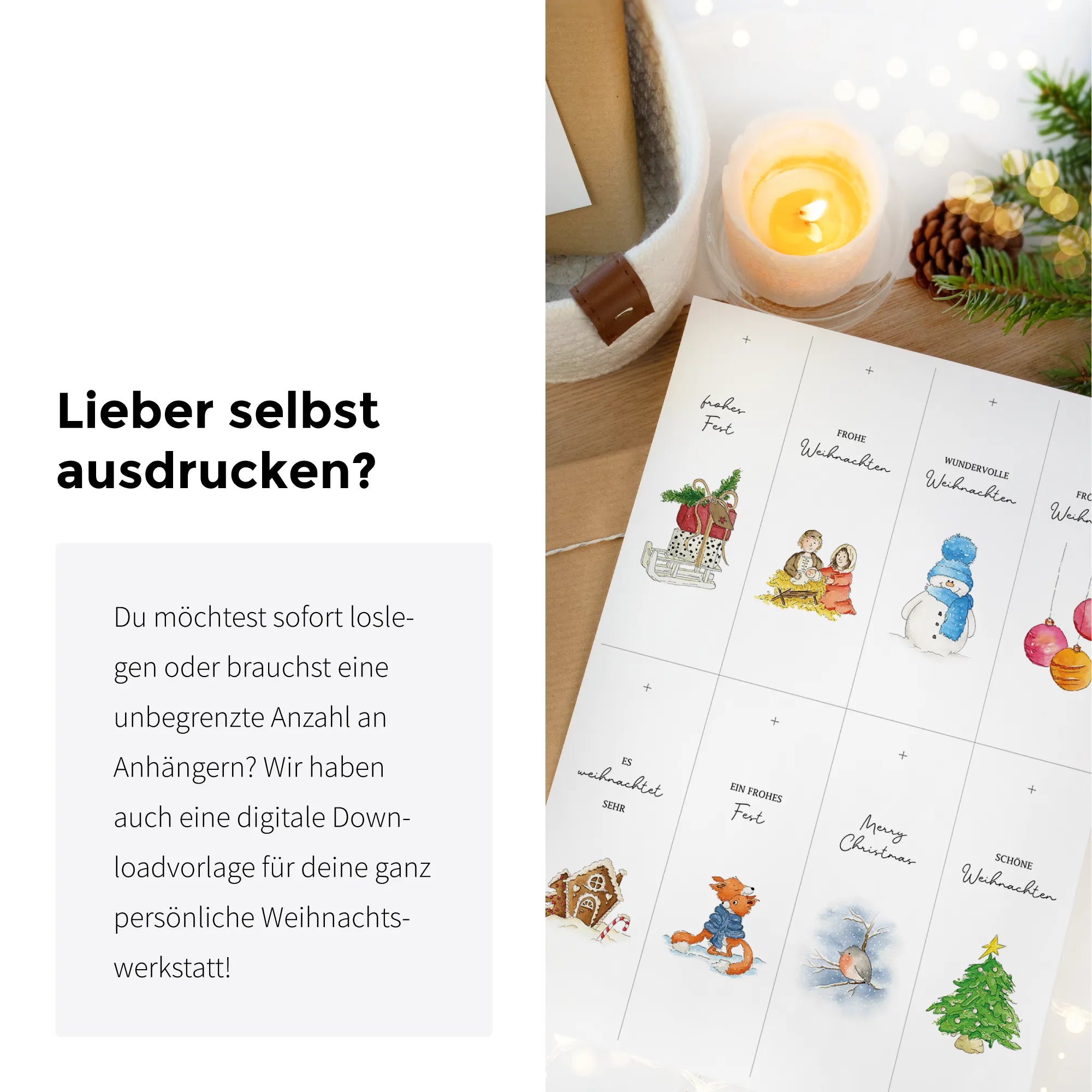 Eine digitale Bastelvorlage zum Ausdrucken mit verschiedenen weihnachtlichen Motiven für Geschenkanhänger.