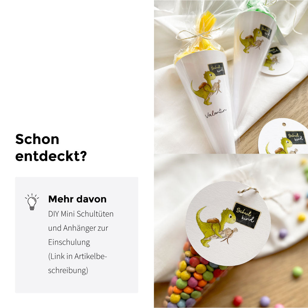 Übersicht mit Grußkarte, Deko Anhägern, DIY Mini Schultüte und Geschenkbox