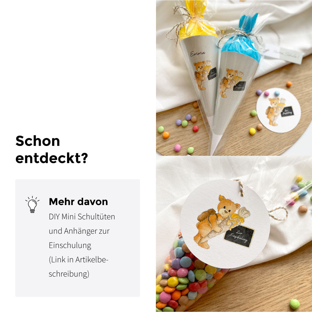 Übersicht mit Grußkarte, Deko Anhägern, DIY Mini Schultüte und Geschenkbox