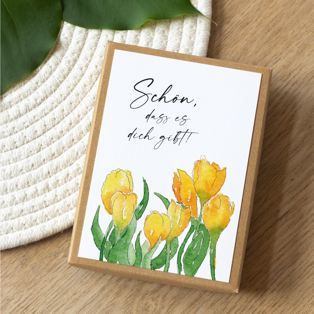 Geschenkbox Schön dass es dich gibt mit gelbem Blumen Aquarell Motiv
