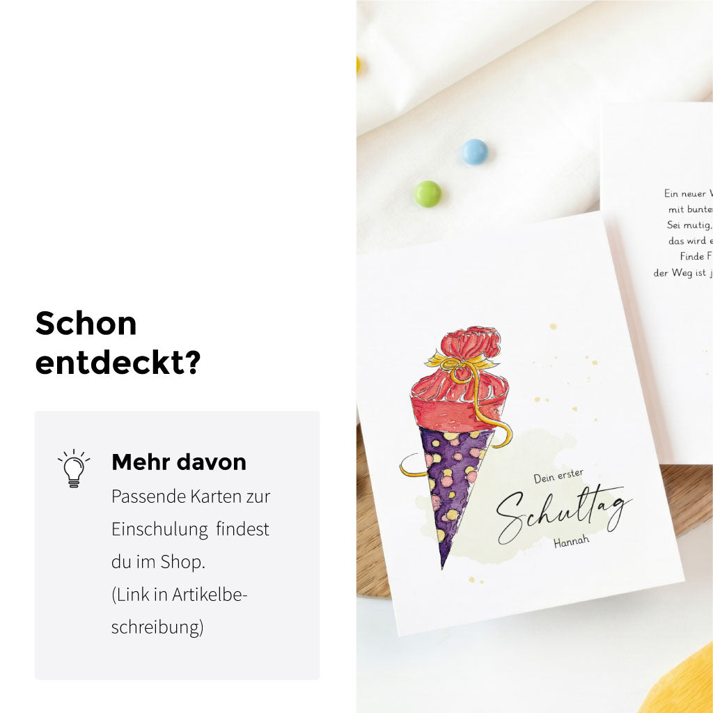 Passende Glückwunschkarten zur Einschulung mit gleichem Schultüten Aquarell Motiv als Set erhältlich.