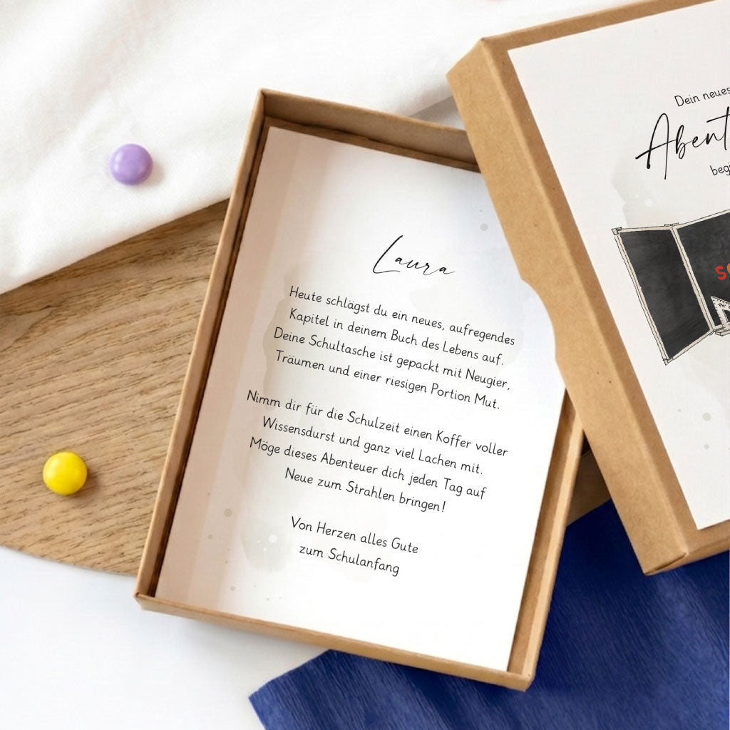 Einlegetext der Geschenkschachtel mit liebevollen Worten zum Schulanfang für das zukünftige Schulkind.