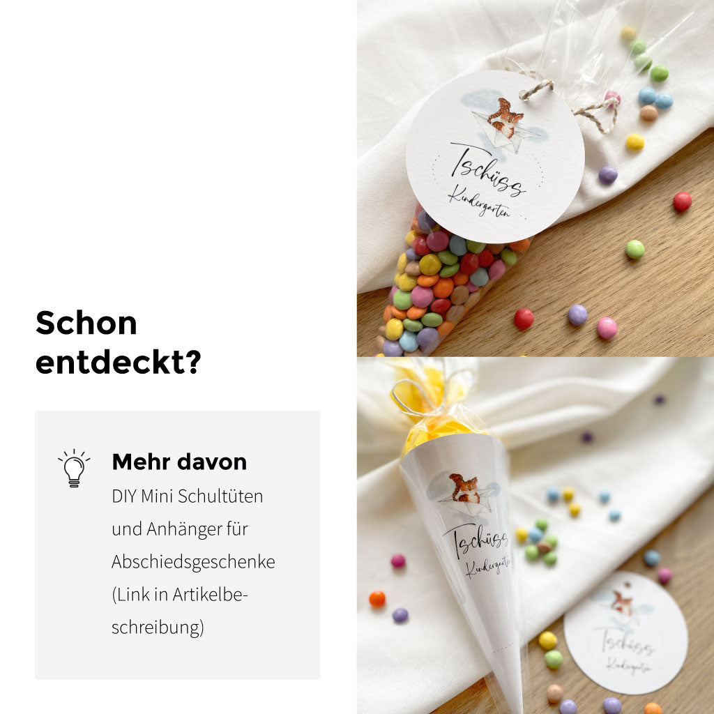 Ebenso erhältlich sind Anhänger und DIY Mini Schultüten