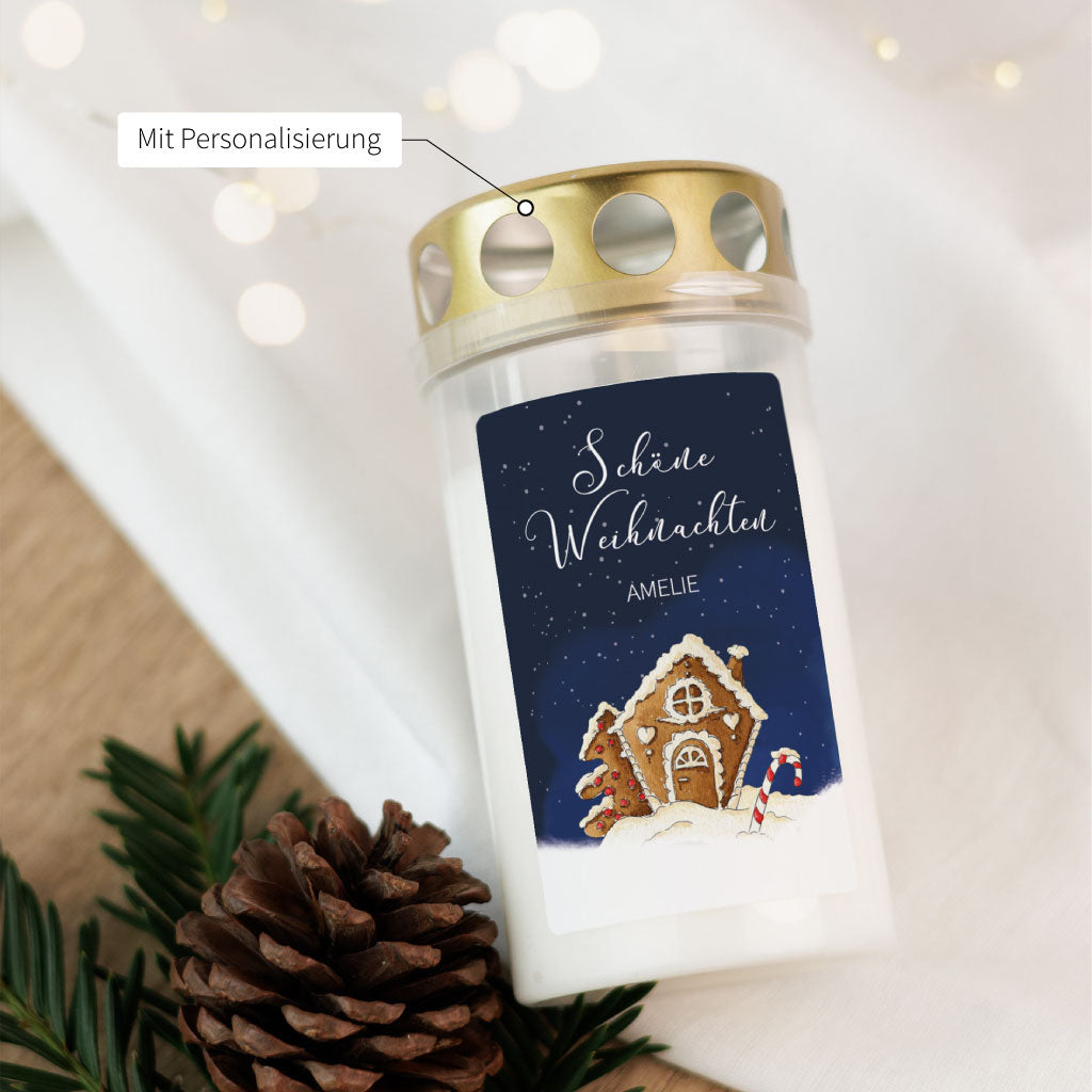 Grabkerze mit goldfarbenem Deckel und weihnachtlichem Aquarellmotiv, personalisierbar mit Namen – besonderes Grablicht für Sternenkinder.