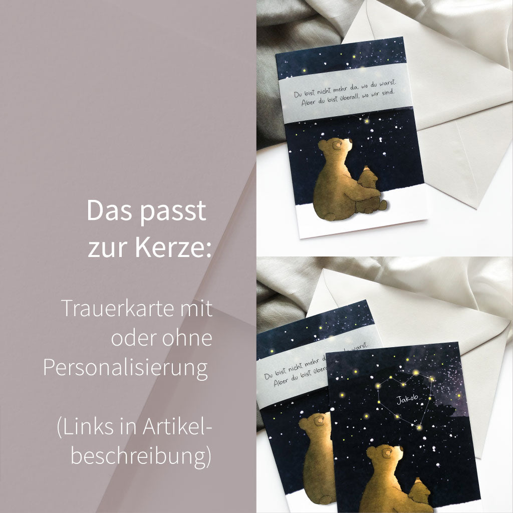 Passend zur Grabkerze gibt es Trauerkarten mit oder ohne Personalisierung mit dem selbem Motiv