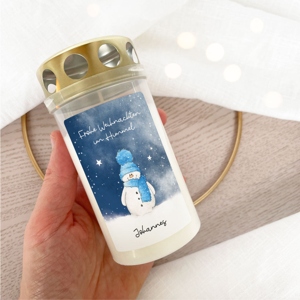Grablicht mit handgemaltem Aquarell Schneemann und Aufdruck "Frohe Weihnachten im Himmel"