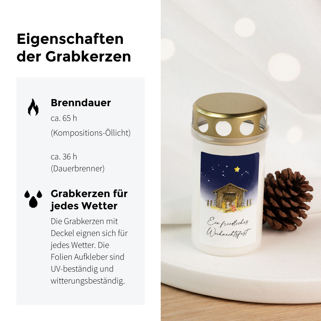 Produktgrafik: wetterfeste Grabkerze mit Deckel, Krippenmotiv und Infos zur Brenndauer (ca. 65/36 h) – tröstliche Friedhofskerze zu Weihnachten.