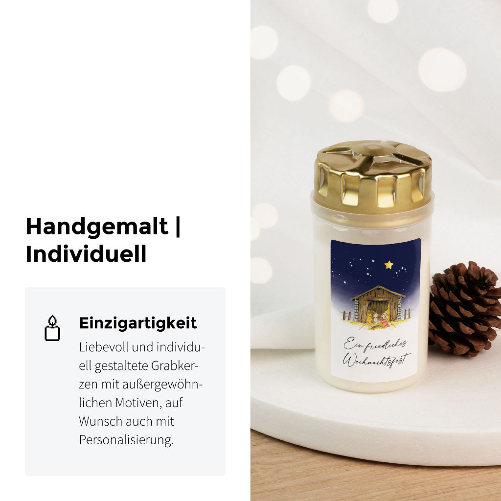 Handgemalte Grabkerze mit Krippenmotiv und Sternenhimmel – individuelles Grablicht zu Weihnachten, persönliches Andenken, schönes Trauergeschenk für Sternenkind.