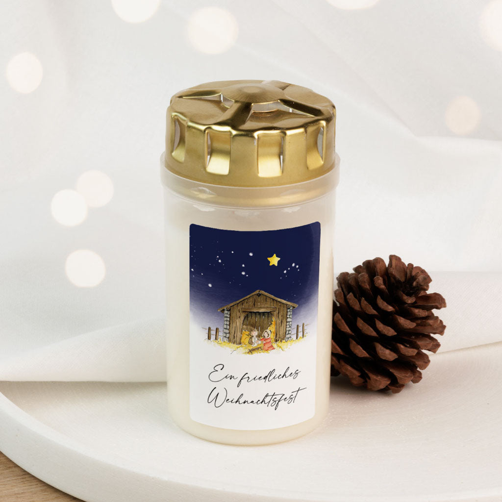 Weiße Grabkerze mit Sternendeckel und Motiv „Ein friedliches Weihnachtsfest“ – liebevolles Grablicht, ideal als Trauergeschenk für ein Sternenkind.