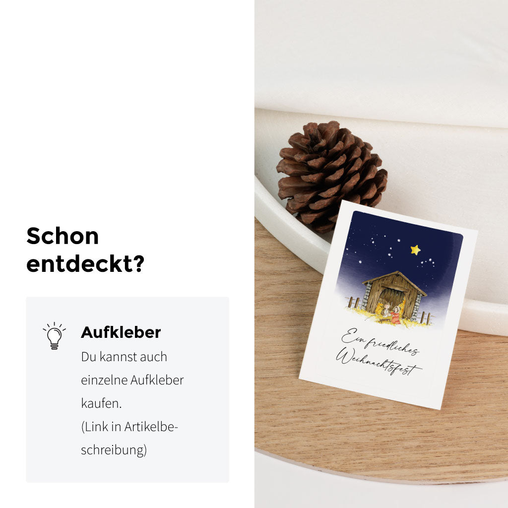 Einzelner Aufkleber für Grabkerze: handgemalte Weihnachtskrippe mit Stern und Schriftzug – für Grablicht, Andenken oder Trauergeschenk zu Weihnachten.